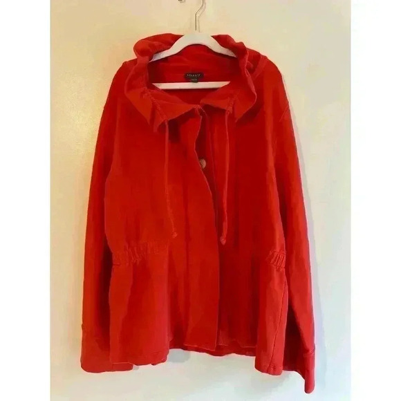 Lilla P. Ruffle Neck Cotton Blend Jacket with Cinched Waist Color Poppy Size XL - Picture 2 of 7